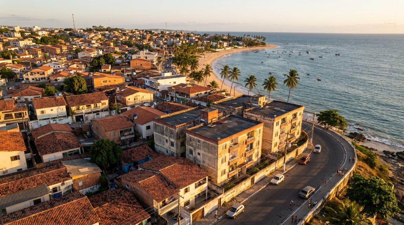 Vista aérea do litoral de Aracruz com casas em condomínio e prédios próximos à praia