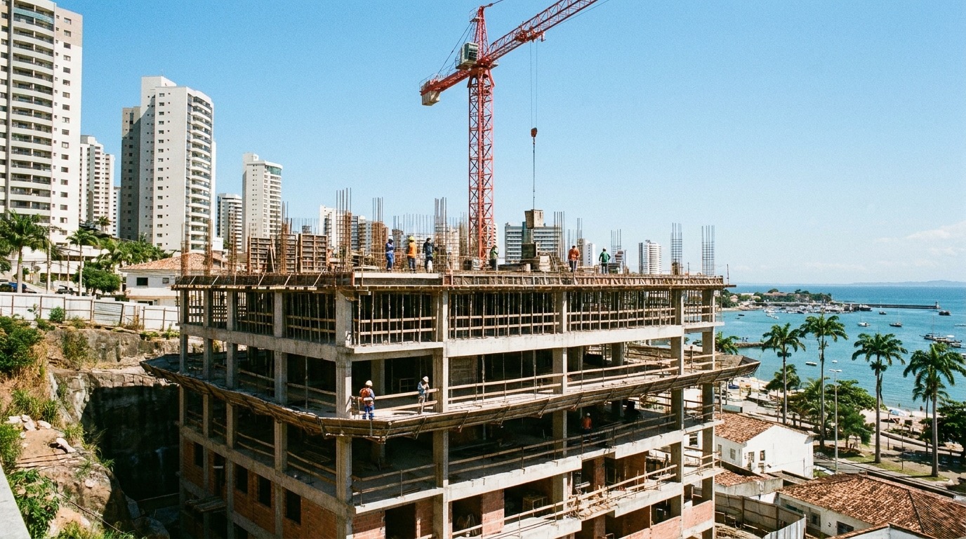 Obra de edifício residencial em construção em Aracruz, no litoral norte do Espírito Santo, com guindaste ao fundo