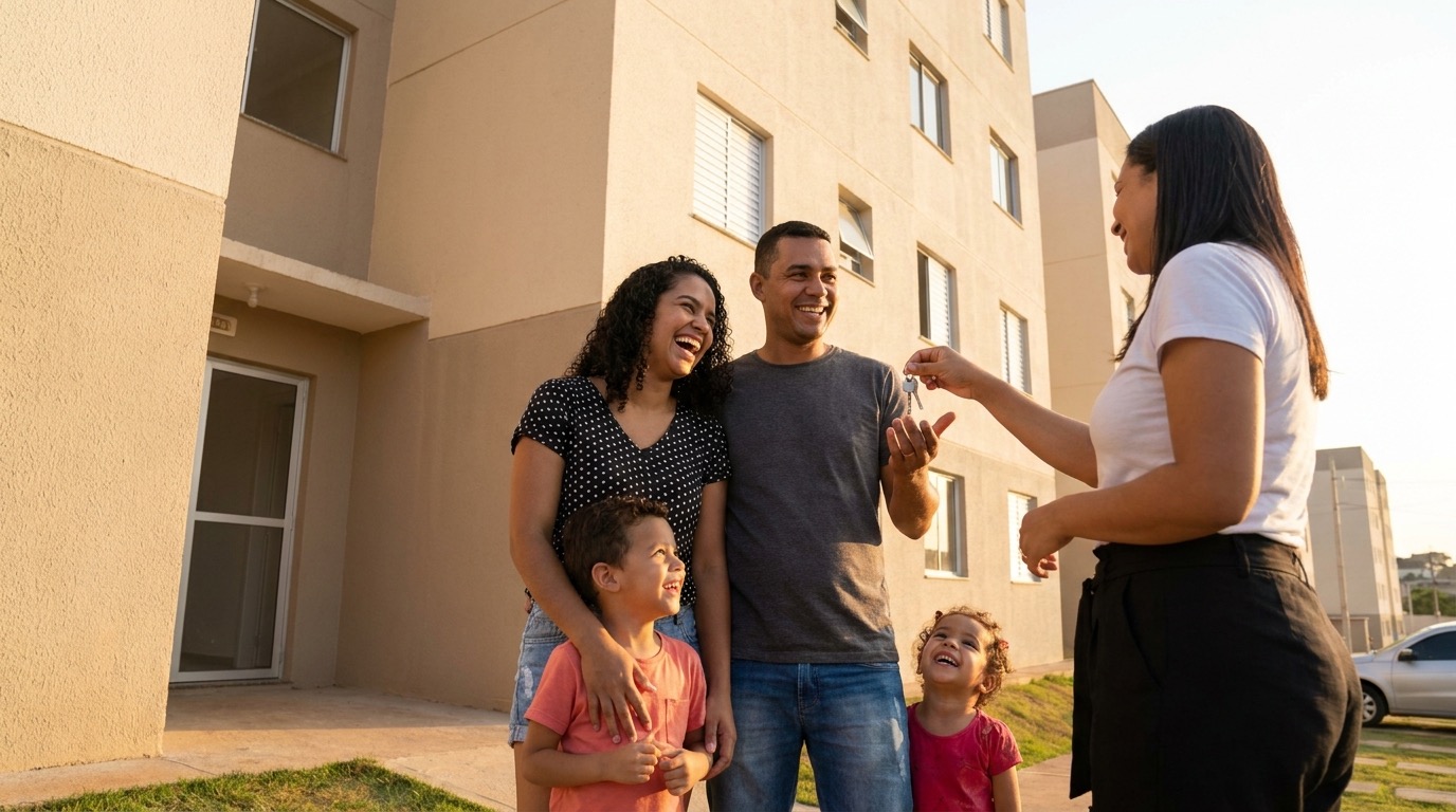Casal recebendo as chaves de apartamento novo em Aracruz, com prédio residencial ao fundo