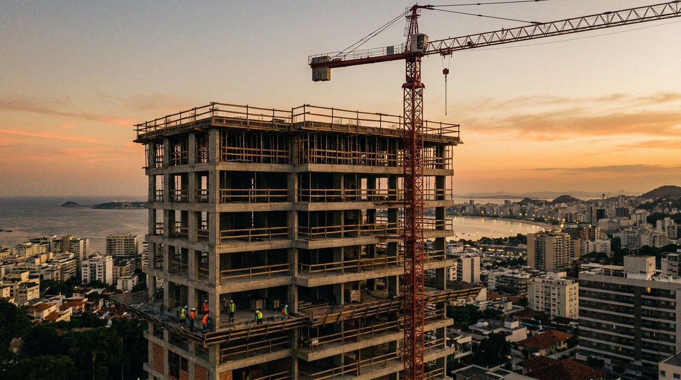 Edifício residencial em construção com guindaste ao entardecer em Aracruz, Espírito Santo