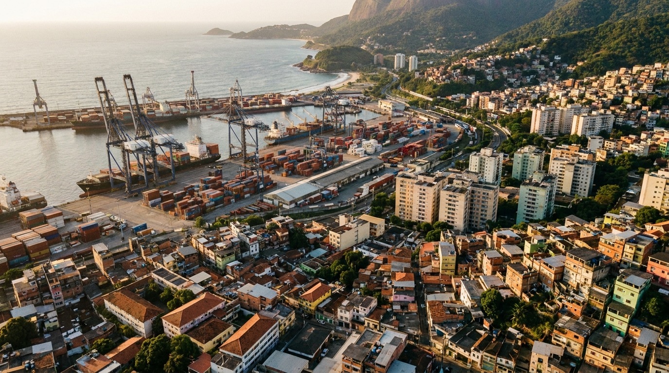 Vista aérea da orla e da área portuária de Barra do Riacho, em Aracruz, com prédios residenciais ao fundo