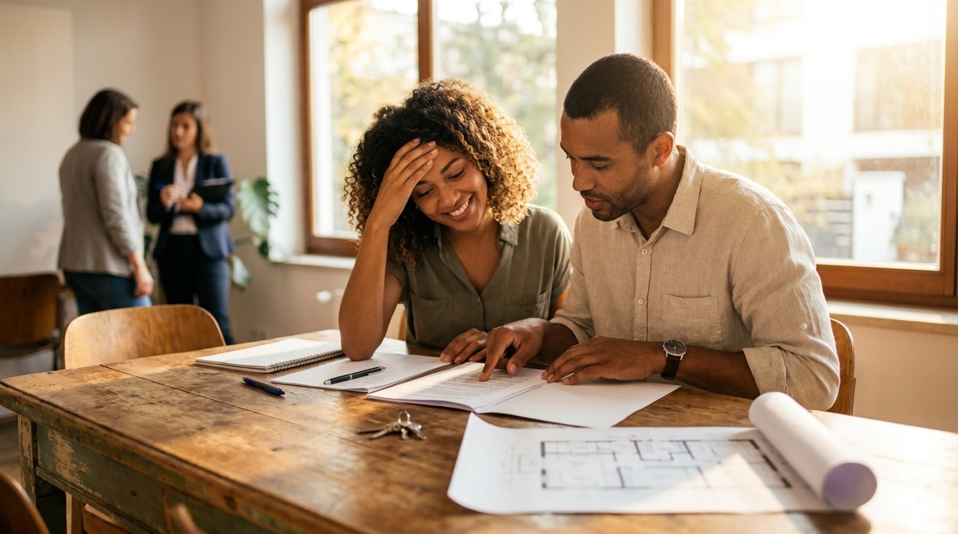 Casal analisando proposta de financiamento imobiliário em uma imobiliária no Centro de Aracruz, Espírito Santo