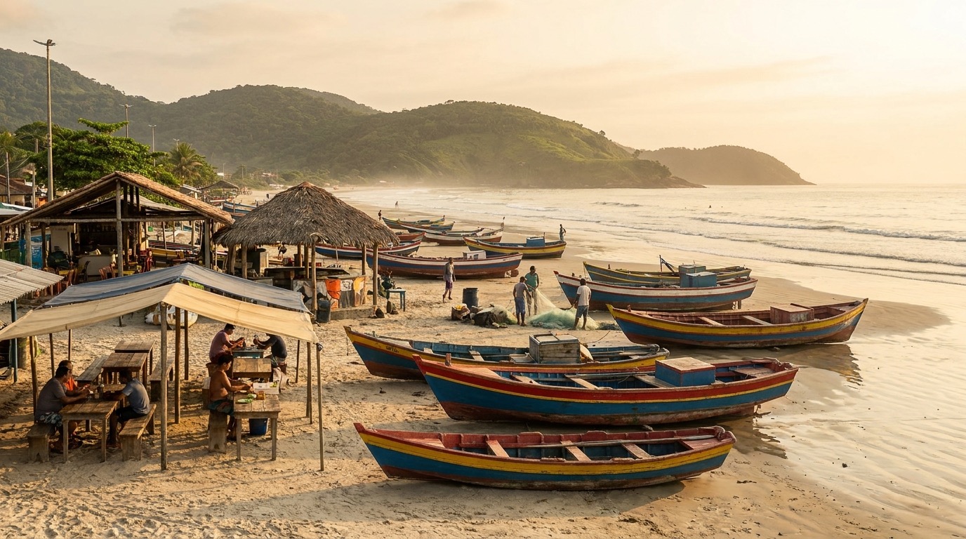Vila de pescadores com barcos coloridos no litoral de Aracruz