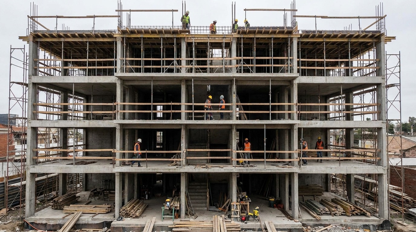 Prédio residencial em construção com lajes aparentes