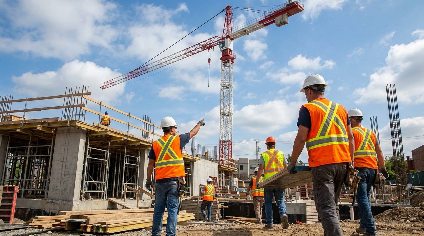 Operários em um canteiro de obras de um prédio residencial