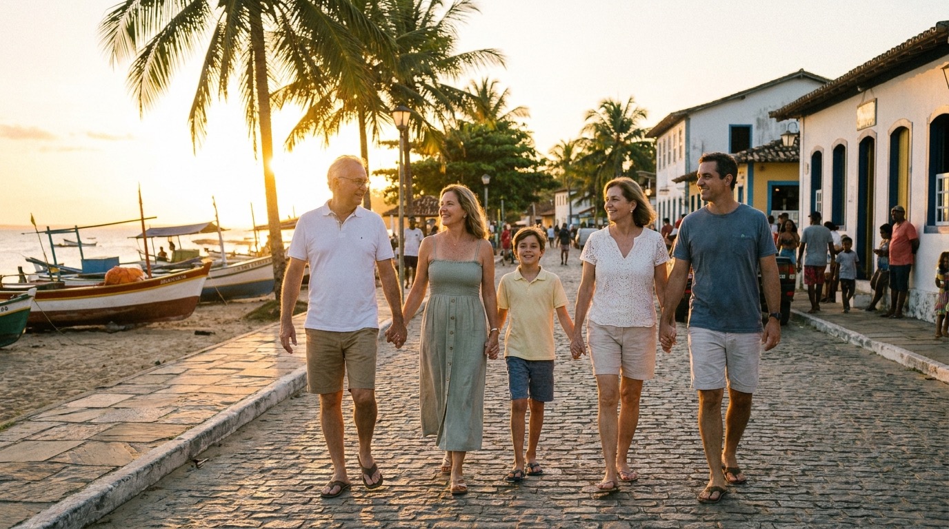 Família caminhando pela orla de Aracruz ao pôr do sol