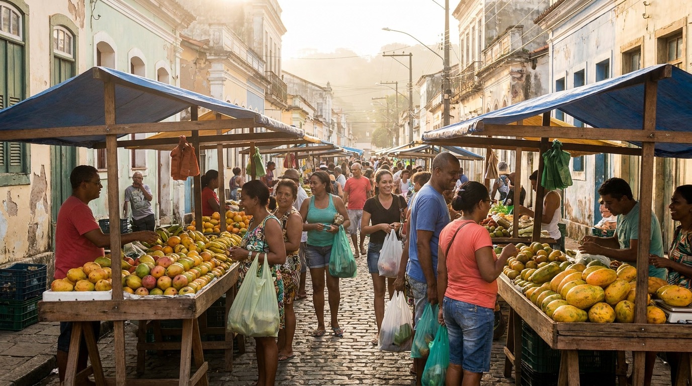 Feira livre com barracas de frutas em uma cidade do litoral capixaba