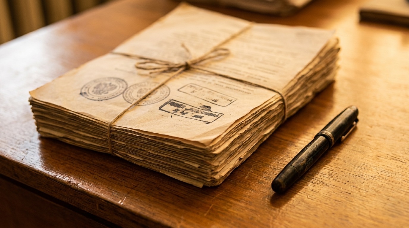 Documentos, carimbos e caneta para a compra de um imóvel