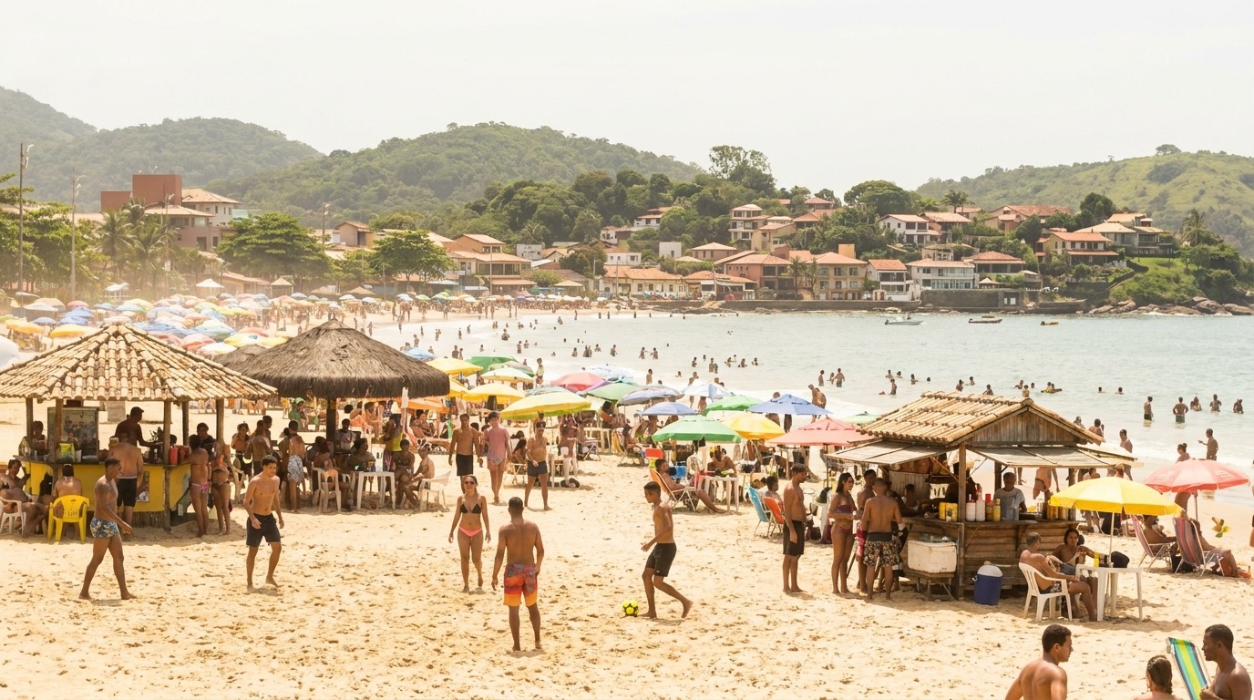 Movimento de banhistas e quiosques em uma praia de Aracruz no verão