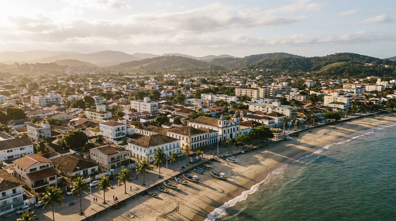 Vista da orla de Aracruz, no litoral norte do Espírito Santo, com o mar ao fundo e área urbana da cidade