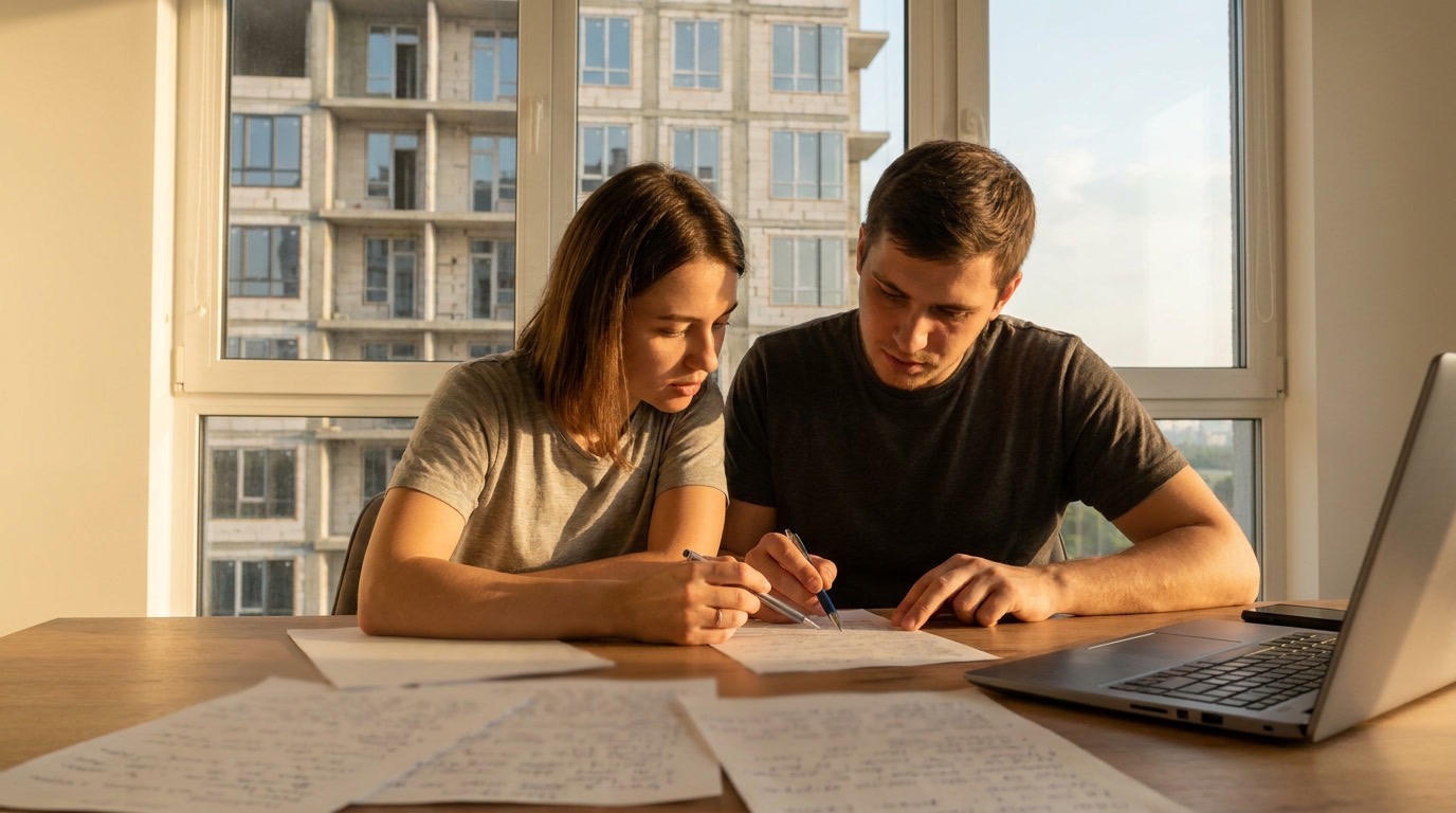 Casal analisando simulação de financiamento imobiliário em frente a um prédio residencial em Aracruz, Espírito Santo
